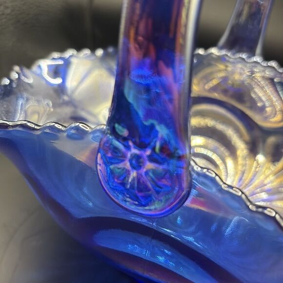 L. E. Smith Glass Co. - Revival Cobalt Blue Carnival Scroll Basket - Picture 2 of 7